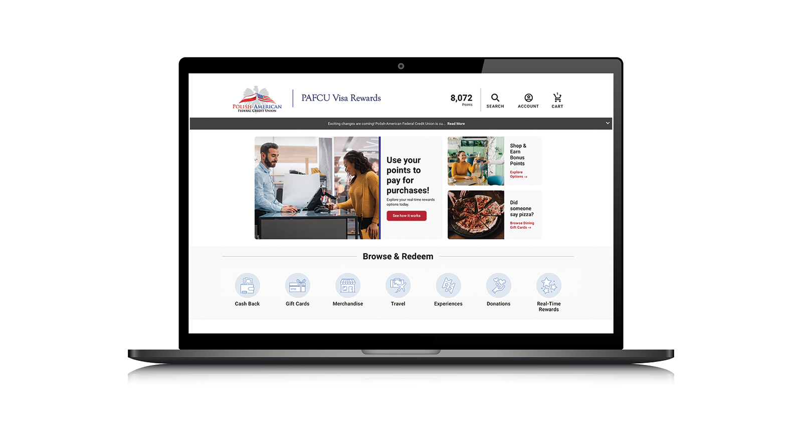 Laptop with PAFCU Rewards website screen. 